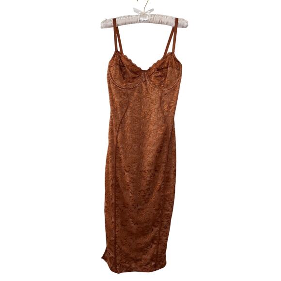 Popilush Brown Bodycon Dress Stretch Lace Floral Sweetheart Spaghetti M Medium - Picture 2 of 8